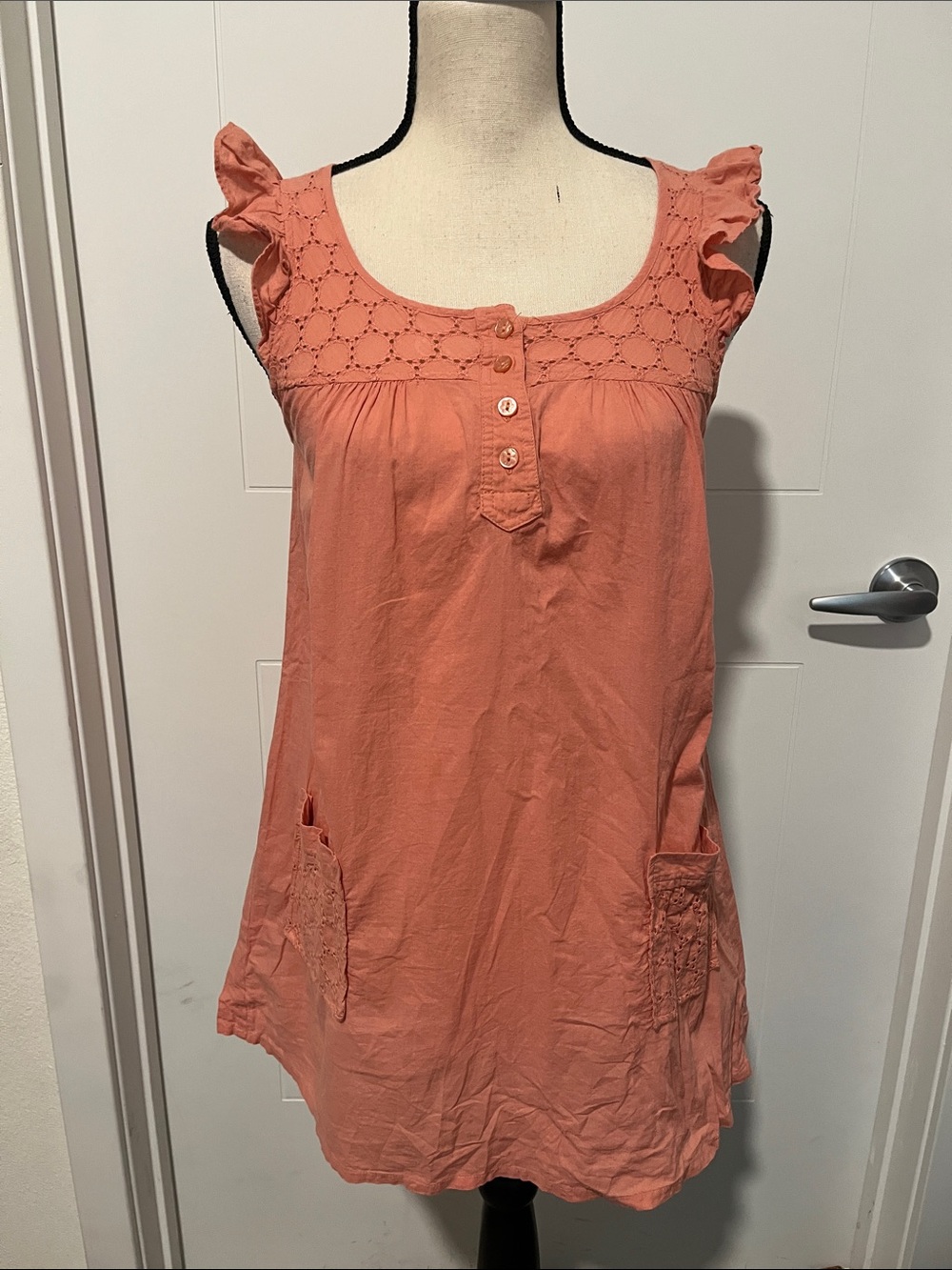 Vintage Y2K Forever 21 Coral Eyelet Sleeve Tank Top Coquette Cottagecore Boho